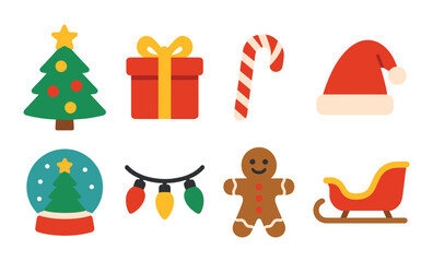 Naklejka premium Festive christmas icons: tree, gift, candy cane, santa hat, snow globe, lights, gingerbread, sleigh
