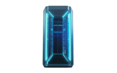 Flat vector illustration of a futuristic server tower with glowing blue lights symbolizing advanced data storage and digital infrastructure isolated on transparent background PNG