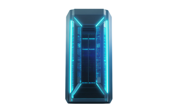Flat vector illustration of a futuristic server tower with glowing blue lights symbolizing advanced data storage and digital infrastructure isolated on transparent background PNG
