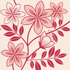 Elegant Floral Pattern with Red Flowers and Leaves on Light Pink Background