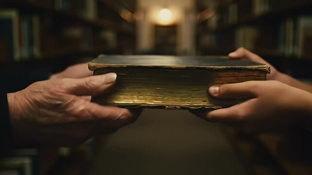 An older generation's hands pass a historic, leather-bound book to a younger person, symbolizing the transfer of knowledge and legacy.