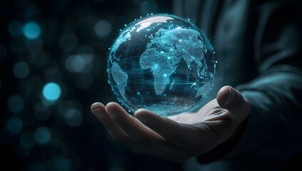 A businessman holds a glowing earth hologram, symbolizing global vision and corporate strategy in virtual technology.

