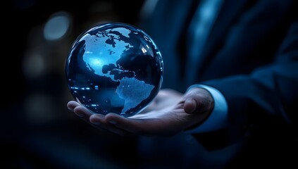 A glowing holographic globe floats above a businessman's hand, symbolizing modern global trade and innovation.

