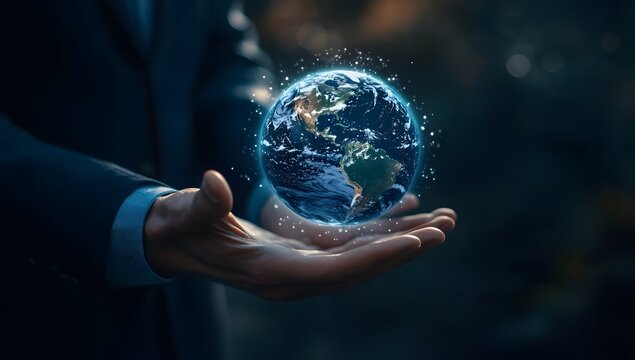 A businessman holds a glowing glass sphere with a digital world map inside, symbolizing innovation and global business.


