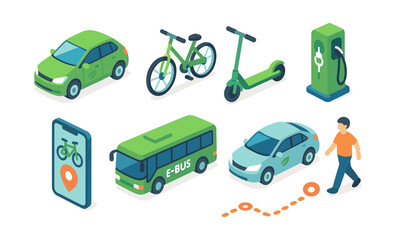 Naklejka premium Eco-friendly urban transportation: bike, e-bus, electric car, scooter, charging station, navigation