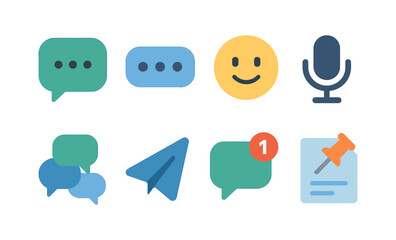 Colorful communication icons with chat bubble, microphone, and notification alert