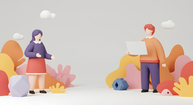 Digital Duo: A digitally crafted image showcasing two figures, a person and a lady, set in a whimsical scene adorned with stylized elements, epitomizing the modern interface and connection.