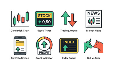 Financial icons set featuring stock ticker, candlestick chart, index board, and market news