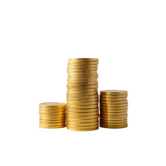 Stacked gold coins in varying heights on white background  