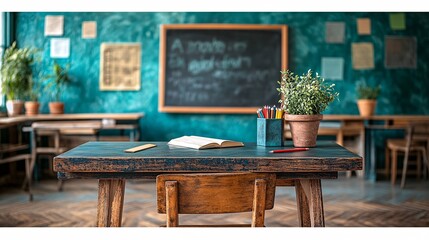 Rustic Teal Classroom With Wooden Desk And Chair Set up For Learning And Teaching Students And Teachers In Classroom Setting With Educational Resources For School Supplies Like Books And Notebooks In