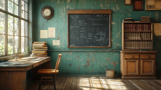 Rustic Vintage Classroom Interior with Aged Desk and Bookshelves
