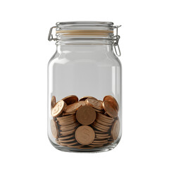 Glass jar filled with coins on white background  