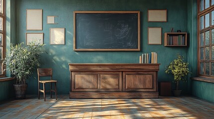 Vintage Classroom Interior with Wooden Desk and Blackboard