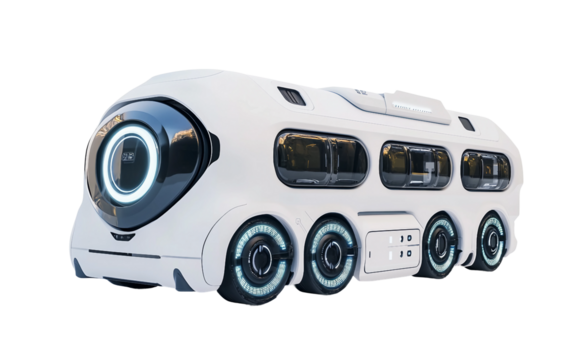 Flat vector illustration of a futuristic white AI-controlled public transport vehicle symbolizing smart urban mobility and autonomous technology isolated on transparent background PNG