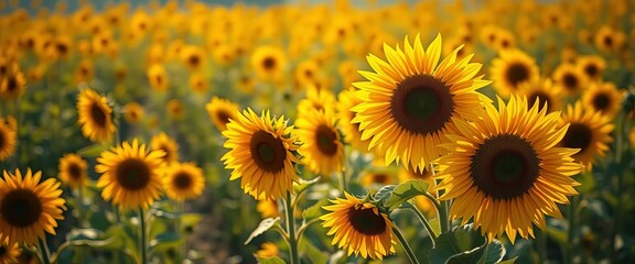 Obraz premium Sun-drenched golden sunflowers sway in a mystical, vibrant field, vibrant, light