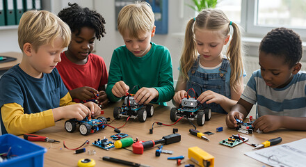 Four young children collaboratively constructing small robots at a classroom table, surrounded by tools and components.