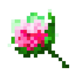 Pixel art of a rose petal icon, in pink and green on a white background, png, transparent