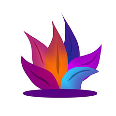Abstract plant illustration with vibrant gradient leaves in pink, orange, purple, and blue on a light gray background