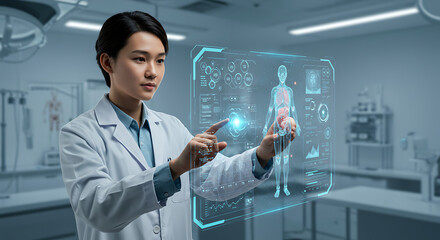 Asian female doctor interacting with holographic medical visualization in a modern medical lab.