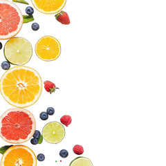 Fresh citrus and berry slices cascade down, vibrant border against black background