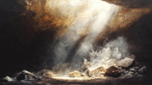 Sunlight streams into a dark cave