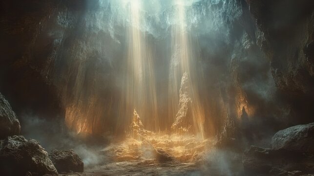 Cave interior, light shafts