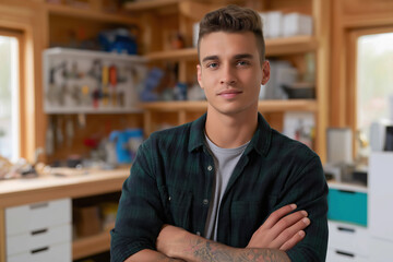 Young man stands confidently in a workshop surrounded by tools and equipment