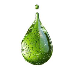 A vibrant, glossy green teardrop-shaped liquid droplet, meticulously detailed with small, dispersed bubbles