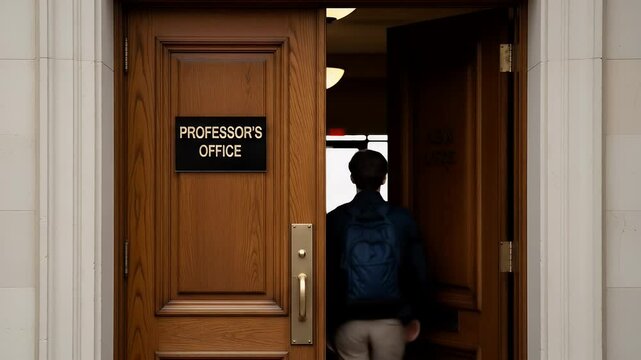 A young student stands hesitantly before two doors, "Professor's Office" and "Dean's Office", facing a difficult academic or personal decision.