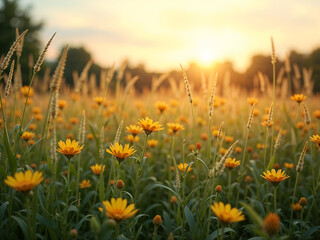 Yellow flowers blooming in a meadow during golden hour, warm and dreamy. Generative AI