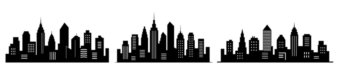 Obraz premium Set of three group of tall buildings in a city skyline.