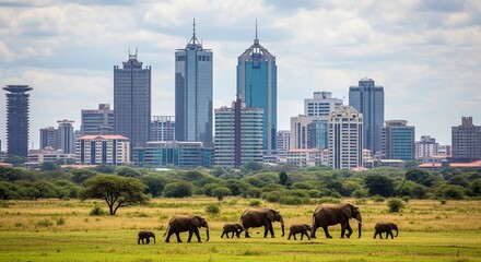 Nairobi Urban Safari – Aerial shot of skyscrapers with animals in the foreground in the national park.