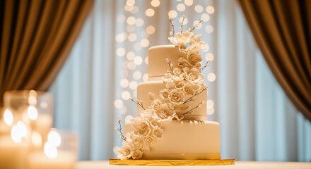 A three tiered wedding cake adorned with white flowers against a bokeh light and curtain backdrop