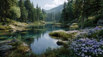 Fototapeta premium Serene Alpine Lake Surrounded by Lush Forest and Wildflowers