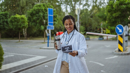 african american woman doctor walk with thermos and baby sonogram image