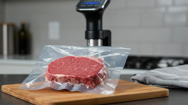 Filet mignon steak being vacuum-sealed for sous vide cooking. Photorealistic preparation scene with clean kitchen background. Perfect for modern cooking tutorials, food tech content, and recipe platfo