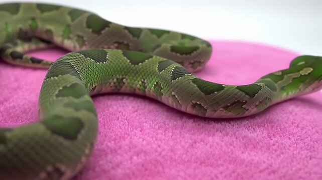 Detailed Green Snake Coiled on a Pink Towel with Clean White Background in Studio Setting