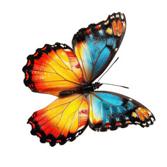 Vibrant butterfly with intricate wing patterns in vibrant orange, yellow, red, blue, and black colors