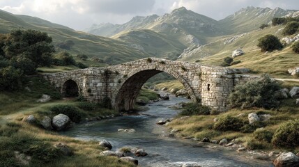 Ancient Stone Bridge Spanning Serene Mountain River