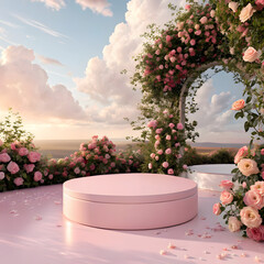 A soft pink circular podium placed in the center of a dreamy