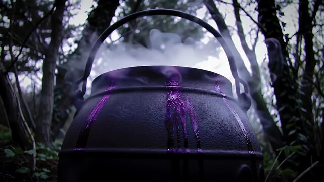 Eerie Forest Black Cauldron with Steaming Purple Liquid Creates Mystical Atmosphere