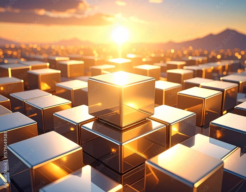Fototapete golden cubes in a metropolis at sunset with a geometric abstract pattern
