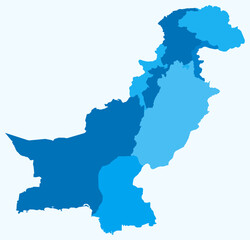 Map of Pakistan with regions. Just a simple country border map with region division. Light blue color palette. Blank Islamic Republic of Pakistan shape with administrative division.