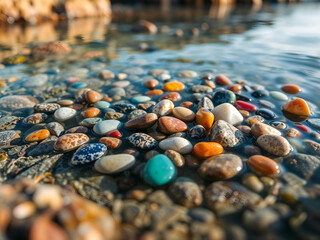 Colorful river pebbles submerged in clear water, reflecting light naturally. Generative AI