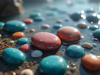 Colorful river pebbles submerged in clear water, reflecting light naturally. Generative AI