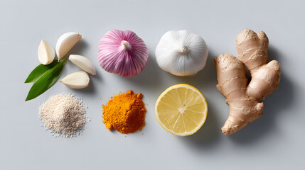 Top down view of immune boosting foods including garlic, ginger, lemon, turmeric, and yeast on light background. arrangement is visually appealing and emphasizes natural health benefits