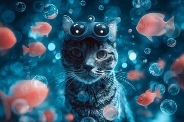 Tech-savvy cat: immersive vr experience with holographic elements. Sleepy scene. Cat chronicles: feline selfies reveal hysterical moments in solitude. Digital cats. Vr adventure.