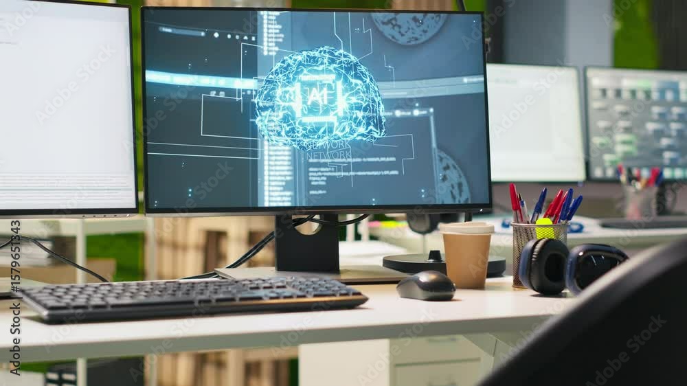 Poster close up of empty tech startup office with artificial intelligence program running on pc monitors. a