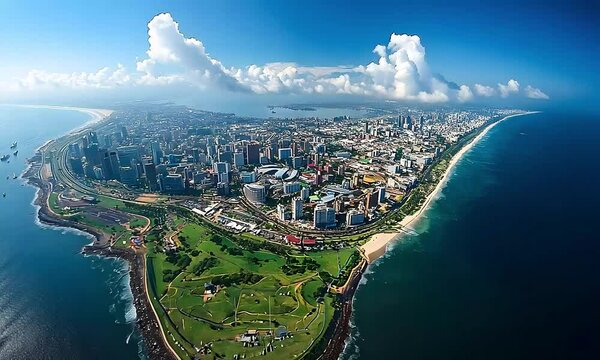 Durban, South Africa coastal cityscape panorama from above with ocean views