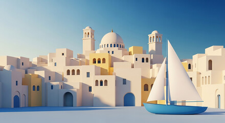 A stylized coastal town with white buildings and a blue sailboat under a clear blue sky rendering
